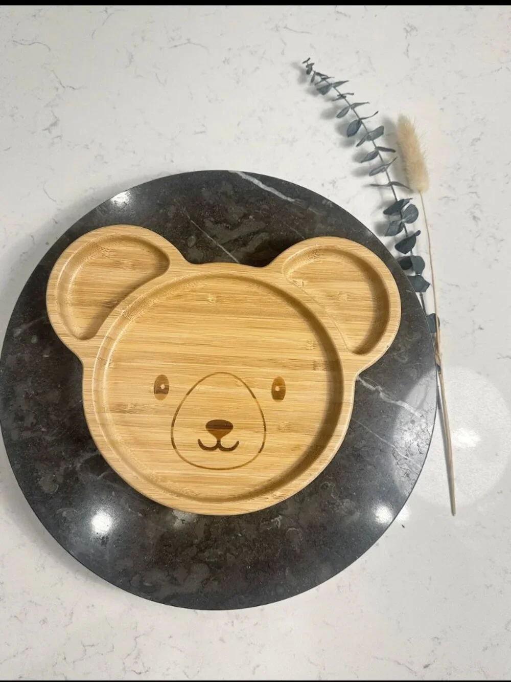New! Bamboo Toddler Plate | Bear Plate with Gray & Pink Suction